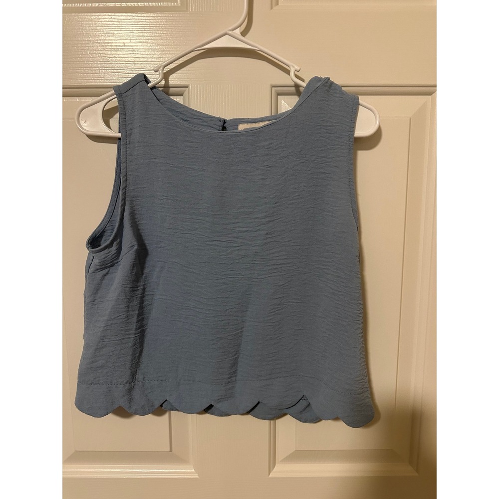 Monteau Top Womens M Blue Scalloped Hem Sleeveless Textured Keyhole 200763-AF